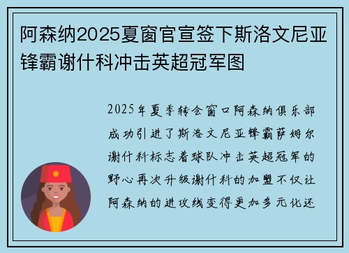 阿森纳2025夏窗官宣签下斯洛文尼亚锋霸谢什科冲击英超冠军图
